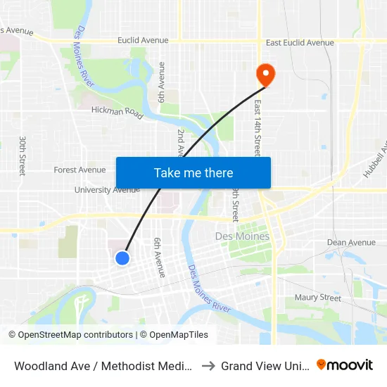 Woodland Ave / Methodist Medical Ctr, Dsm to Grand View University map