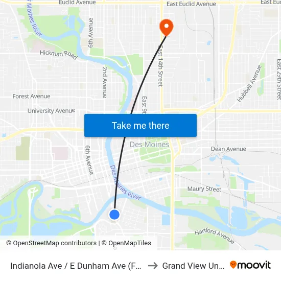 Indianola Ave / E Dunham Ave (Far-Side), Dsm to Grand View University map