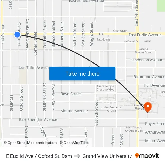 E Euclid Ave / Oxford St, Dsm to Grand View University map