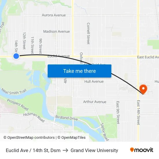 Euclid Ave / 14th St, Dsm to Grand View University map