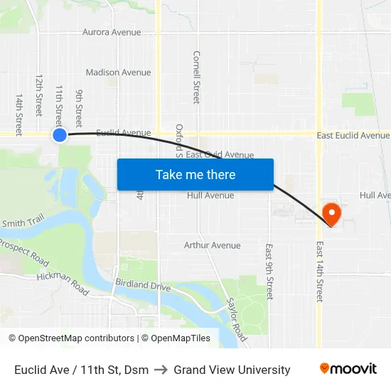 Euclid Ave / 11th St, Dsm to Grand View University map