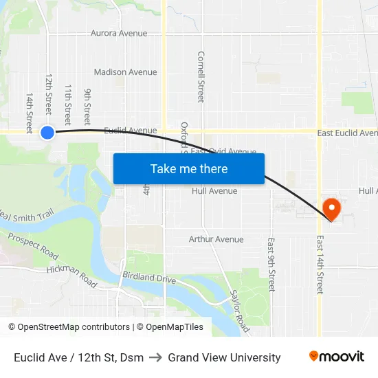 Euclid Ave / 12th St, Dsm to Grand View University map