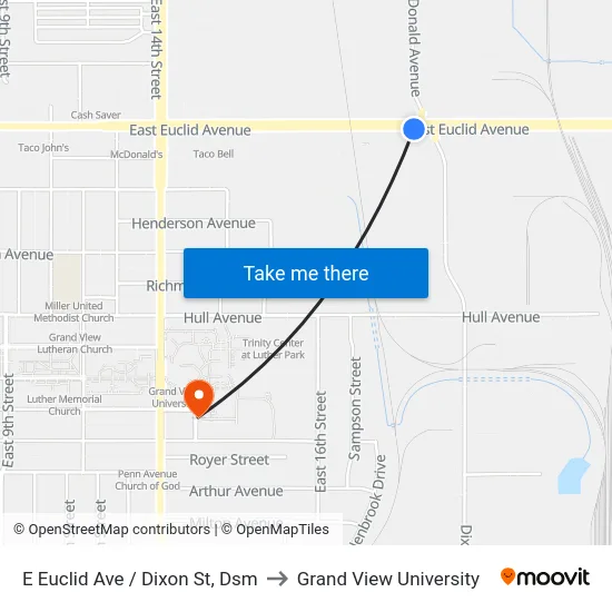 E Euclid Ave / Dixon St, Dsm to Grand View University map