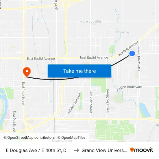 E Douglas Ave / E 40th St, Dsm to Grand View University map