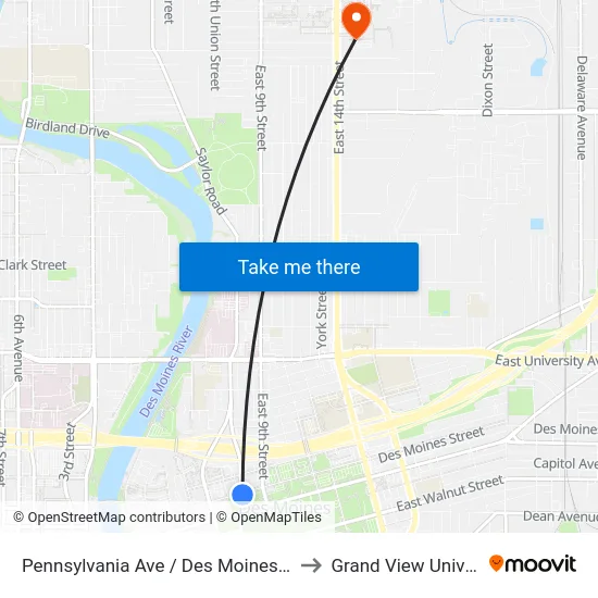 Pennsylvania Ave / Des Moines St, Dsm to Grand View University map