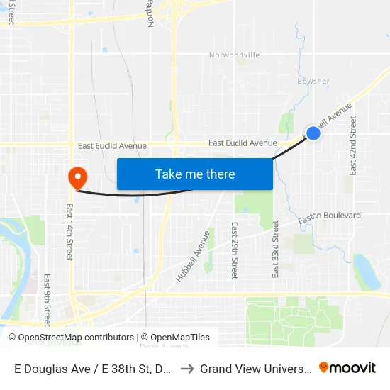 E Douglas Ave / E 38th St, Dsm to Grand View University map