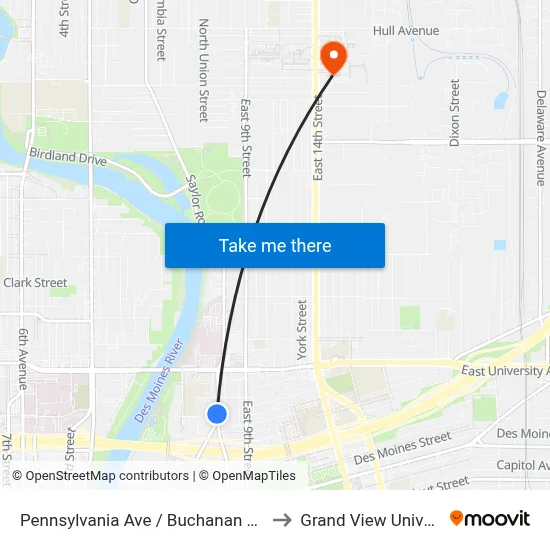Pennsylvania Ave / Buchanan St, Dsm to Grand View University map