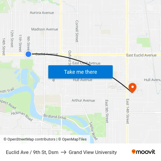 Euclid Ave / 9th St, Dsm to Grand View University map