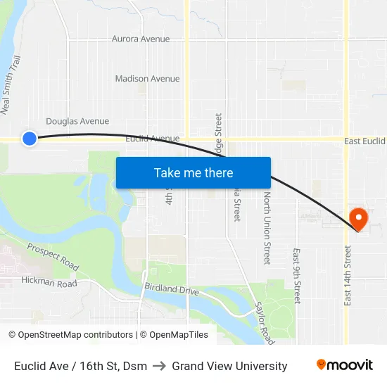 Euclid Ave / 16th St, Dsm to Grand View University map