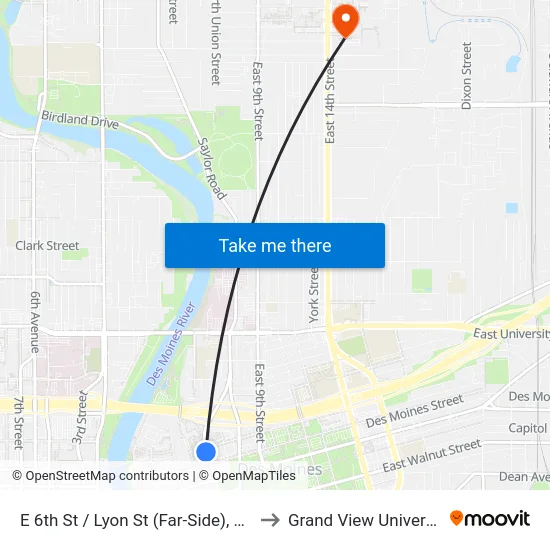E 6th St / Lyon St (Far-Side), Dsm to Grand View University map
