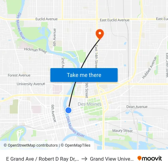 E Grand Ave / Robert D Ray Dr, Dsm to Grand View University map