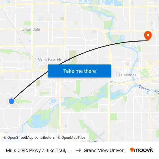 Mills Civic Pkwy / Bike Trail, Wdm to Grand View University map