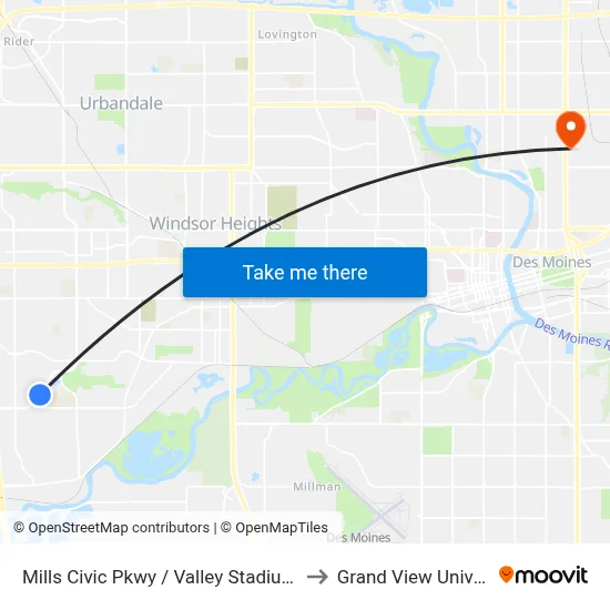 Mills Civic Pkwy / Valley Stadium, Wdm to Grand View University map