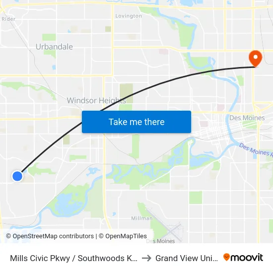 Mills Civic Pkwy / Southwoods Knolls, Wdm to Grand View University map