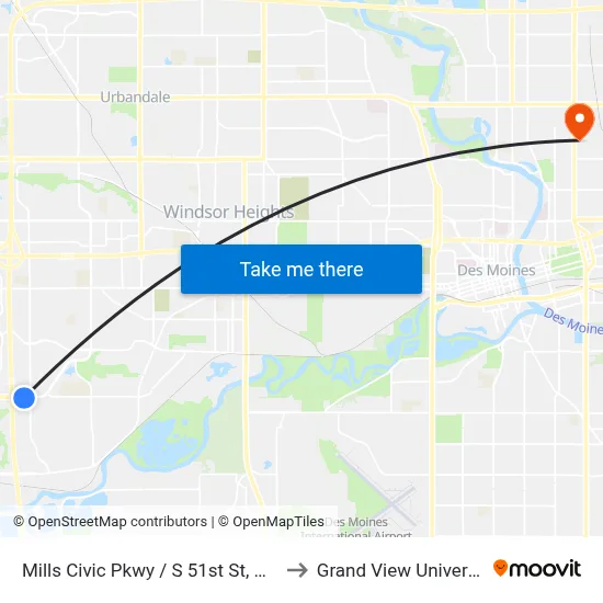 Mills Civic Pkwy / S 51st St, Wdm to Grand View University map