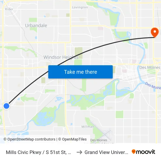 Mills Civic Pkwy / S 51st St, Wdm to Grand View University map
