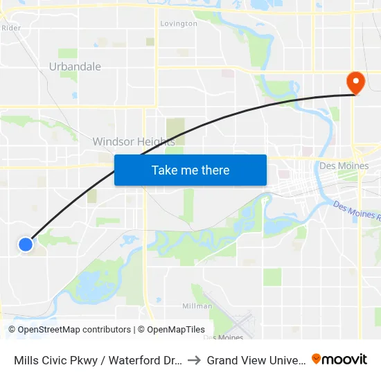 Mills Civic Pkwy / Waterford Dr, Wdm to Grand View University map