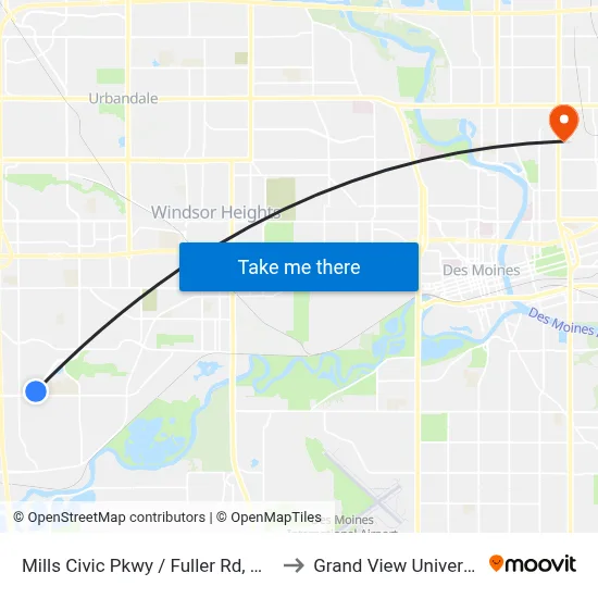 Mills Civic Pkwy / Fuller Rd, Wdm to Grand View University map