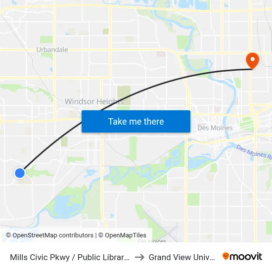 Mills Civic Pkwy / Public Library, Wdm to Grand View University map