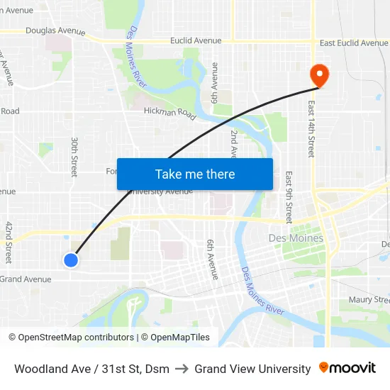 Woodland Ave / 31st St, Dsm to Grand View University map