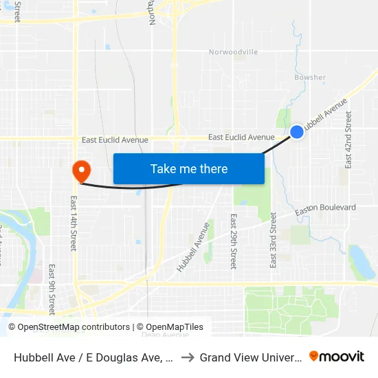 Hubbell Ave / E Douglas Ave, Dsm to Grand View University map