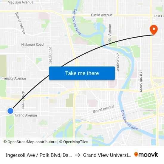 Ingersoll Ave / Polk Blvd, Dsm to Grand View University map