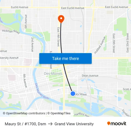 Maury St / #1700, Dsm to Grand View University map