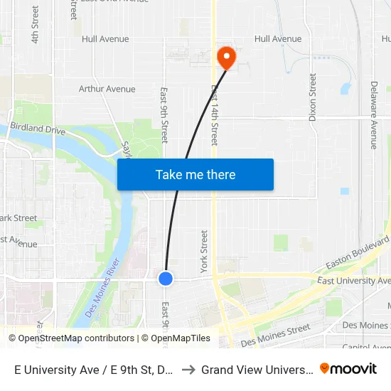 E University Ave / E 9th St, Dsm to Grand View University map
