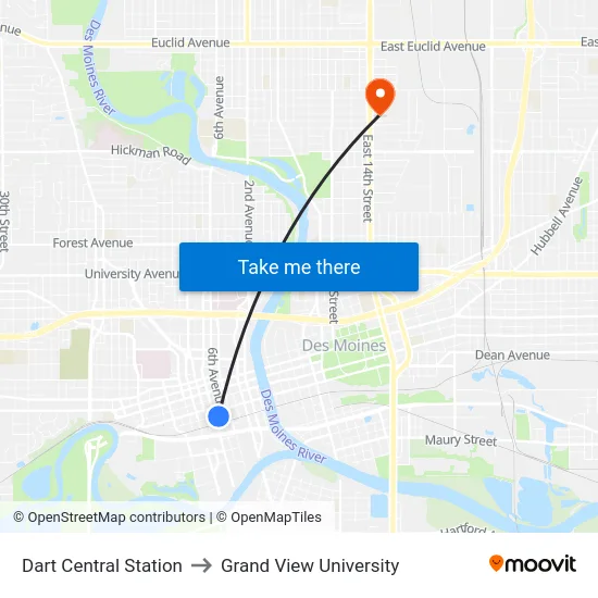 Dart Central Station to Grand View University map