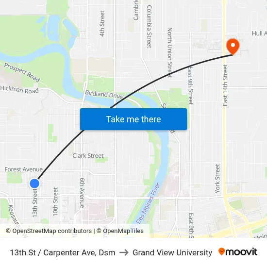 13th St / Carpenter Ave, Dsm to Grand View University map