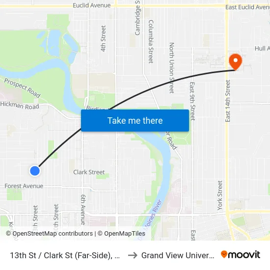 13th St / Clark St (Far-Side), Dsm to Grand View University map