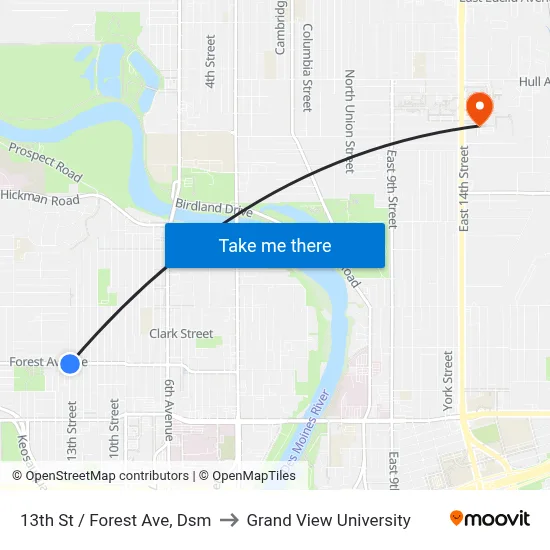 13th St / Forest Ave, Dsm to Grand View University map