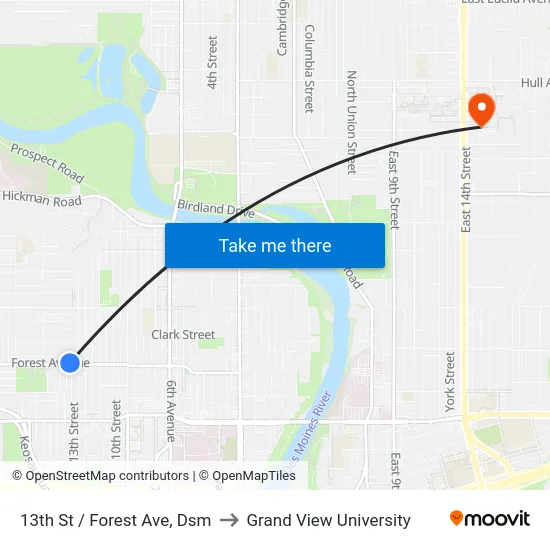 13th St / Forest Ave, Dsm to Grand View University map