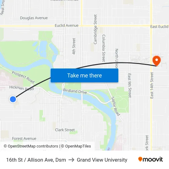 16th St / Allison Ave, Dsm to Grand View University map