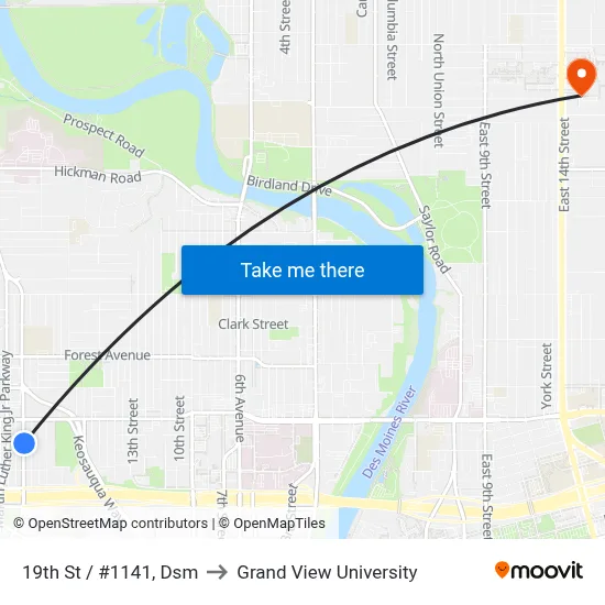 19th St / #1141, Dsm to Grand View University map