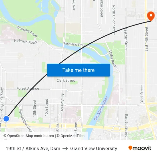 19th St / Atkins Ave, Dsm to Grand View University map