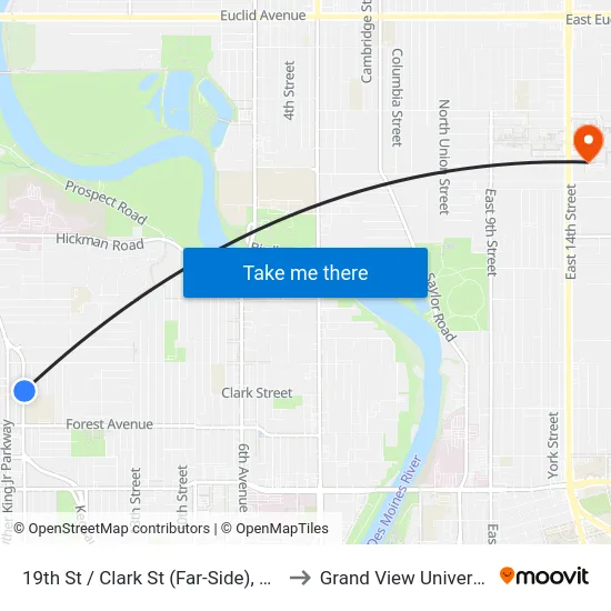 19th St / Clark St (Far-Side), Dsm to Grand View University map