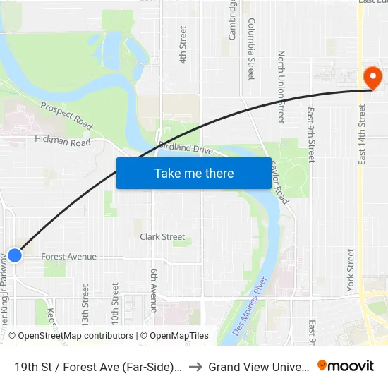 19th St / Forest Ave (Far-Side), Dsm to Grand View University map