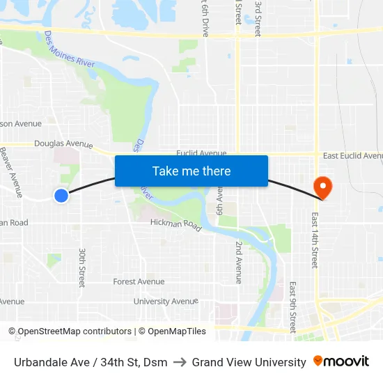 Urbandale Ave / 34th St, Dsm to Grand View University map