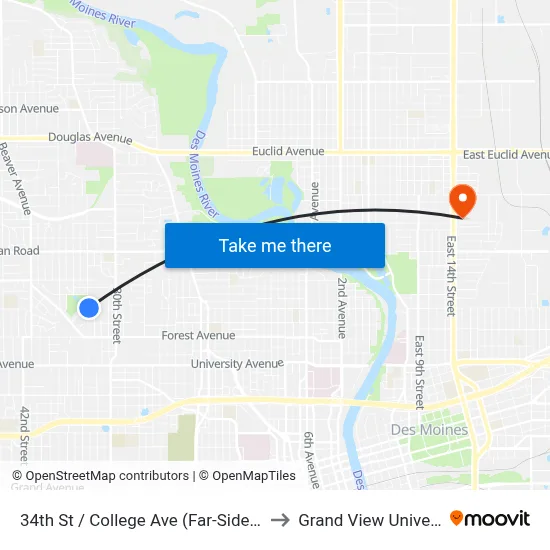 34th St / College Ave (Far-Side), Dsm to Grand View University map