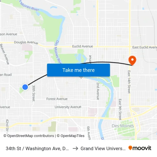 34th St / Washington Ave, Dsm to Grand View University map