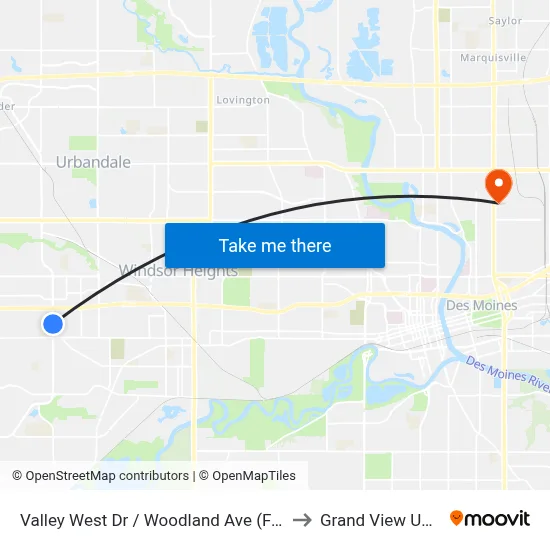 Valley West Dr / Woodland Ave (Far-Side), Wdm to Grand View University map