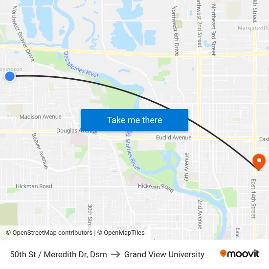 50th St / Meredith Dr, Dsm to Grand View University map