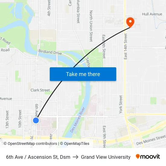 6th Ave / Ascension St, Dsm to Grand View University map