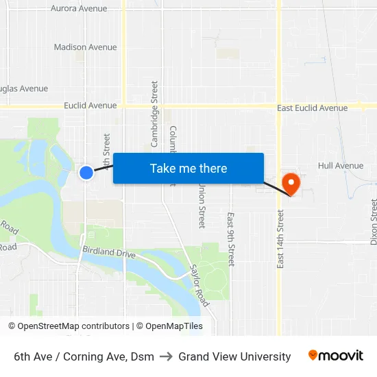 6th Ave / Corning Ave, Dsm to Grand View University map