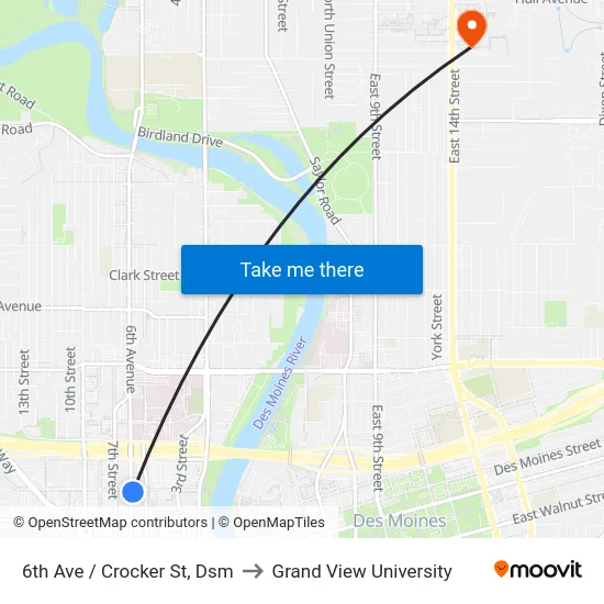 6th Ave / Crocker St, Dsm to Grand View University map