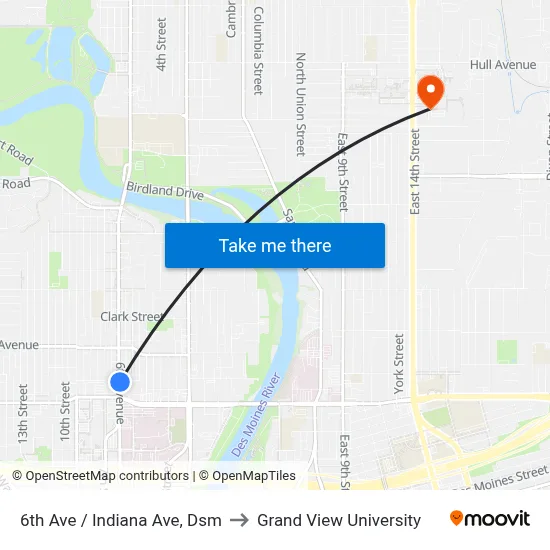 6th Ave / Indiana Ave, Dsm to Grand View University map