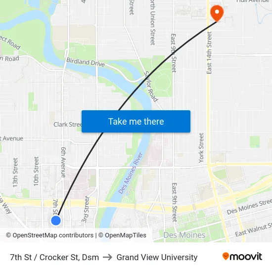7th St / Crocker St, Dsm to Grand View University map