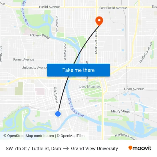 SW 7th St / Tuttle St, Dsm to Grand View University map