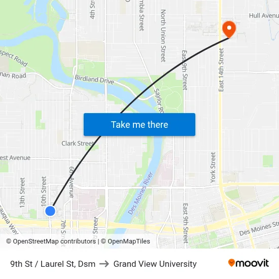 9th St / Laurel St, Dsm to Grand View University map